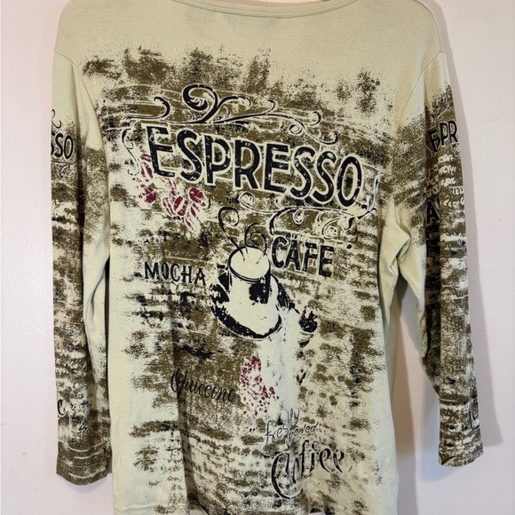 Y2K Sequin Printed Beaded Long Sleeve Espresso Graphic Top - Size XL(Fits Medium - Picture 7 of 11